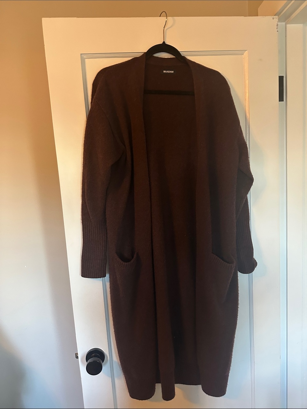 NAADAM Long Open-Front Brown Knit Cardigan